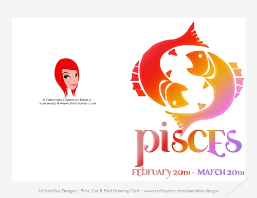 Quick Cut & Fold 5x7 Birthday Zodiac Greeting Card | Pisces Sign | design 2