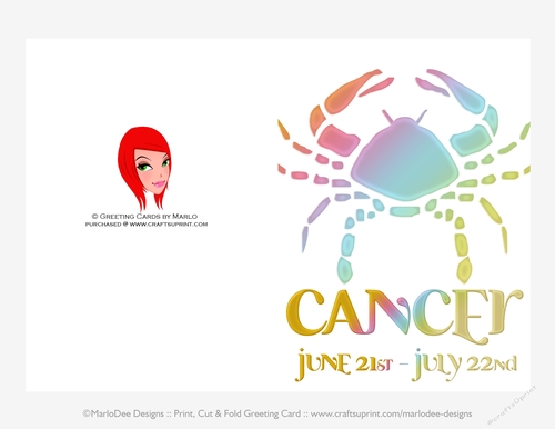 Quick Cut & Fold 5x7 Birthday Zodiac Greeting Card | Cancer Sign | design 3