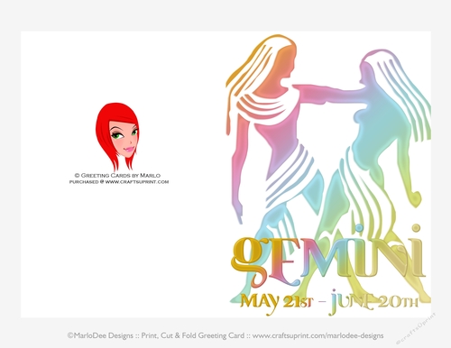 Quick Cut & Fold 5x7 Birthday Zodiac Greeting Card | Gemini Sign | design 3