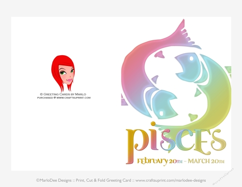 Quick Cut & Fold 5x7 Birthday Zodiac Greeting Card | Pisces Sign | design 3
