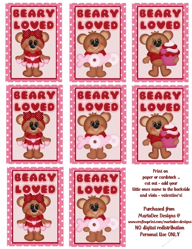 Beary Loved - Childrens Printable Valentines Sheet design 1