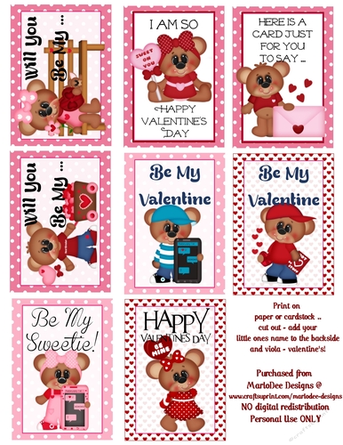 Boy & Girl Bears - Childrens Printable Valentines Sheet design 1