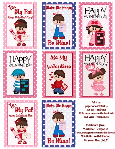 Boy & Girl Kids - Childrens Printable Valentines Sheet design 1