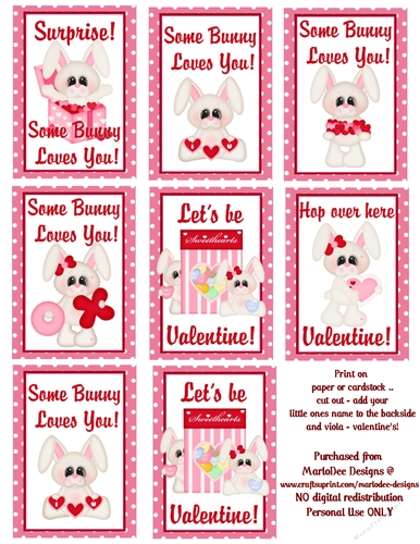 White Bunny Rabbit - Childrens Printable Valentines Sheet design 1