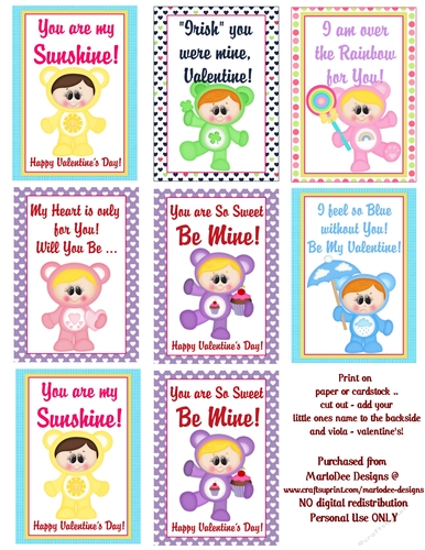 Care a Lot Kids - Childrens Printable Valentines Sheet design 1
