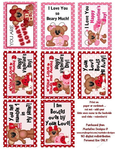 Bowling Teddy Bears - Childrens Printable Valentines Sheet design 1