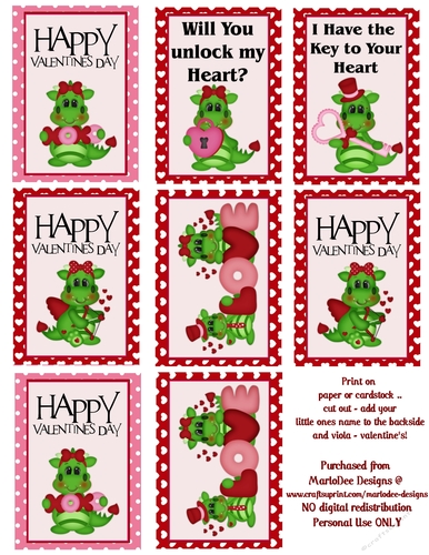 Dragon Love - Childrens Printable Valentines Sheet design 1