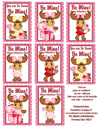 Girl Moose - Childrens Printable Valentines Sheet design 1