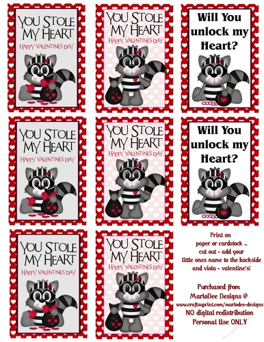 Racoon Love Bandit - Childrens Printable Valentines Sheet design 1