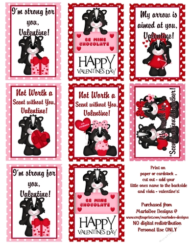 Cute Skunk - Childrens Printable Valentines Sheet design 1