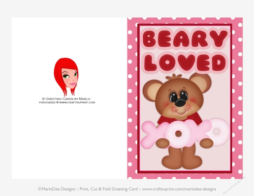 Beary Loved - Childrens Printable Valentines Day 5x7 Greeting Card - design 2