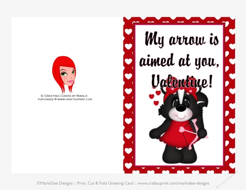 My Arrow is Aimed - Childrens Printable Valentines Day 5x7 Greeting Card - Skunk Design