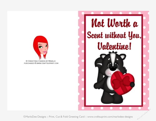 Not Worth a Scent - Childrens Printable Valentines Day 5x7 Greeting Card - Skunk Design