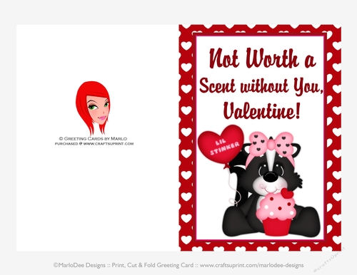 Not Worth a Scent - Childrens Printable Valentines Day 5x7 Greeting Card - Skunk Design 2