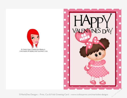 Be Mine - Childrens Printable Valentines Day 5x7 Greeting Card - Little Girl Design 1