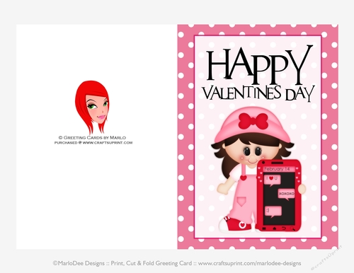 Cellphone Love - Childrens Printable Valentines Day 5x7 Greeting Card - Little Girl Design 1