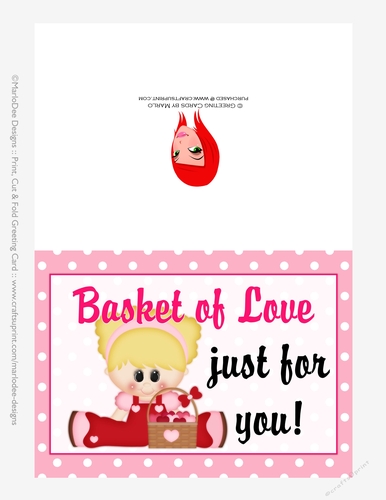 Basket of Love - Childrens Printable Valentines Day 5x7 Greeting Card - Little Girl Design 