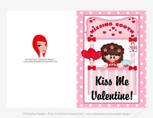 Kissing Booth - Childrens Printable Valentines Day 5x7 Greeting Card - Little Girl Design 