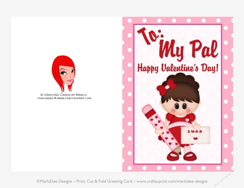 Penpal Love - Childrens Printable Valentines Day 5x7 Greeting Card - Little Girl Design 