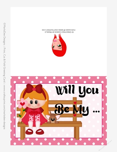 Will You Be My - Childrens Printable Valentines Day 5x7 Greeting Card - Little Girl Design 