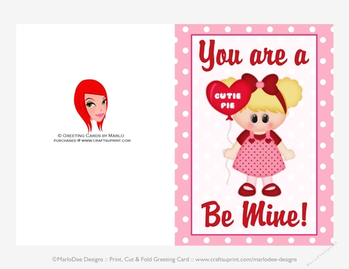 You are a Cutie Pie - Childrens Printable Valentines Day 5x7 Greeting Card - Little Girl Design 