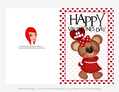 Be Mine - Childrens Printable Valentines Day 5x7 Greeting Card - Girl Bear Design 