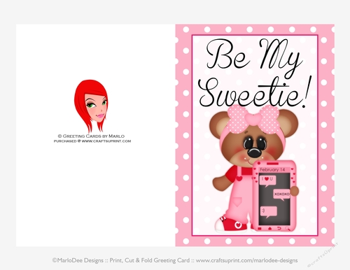 Cellphone Love - Childrens Printable Valentines Day 5x7 Greeting Card - Girl Bear Design 