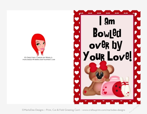 I am Bowled Over - Childrens Printable Valentines Day 5x7 Greeting Card - Girl Bear Design 