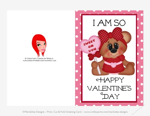 I am Sweet on You - Childrens Printable Valentines Day 5x7 Greeting Card - Girl Bear Design 