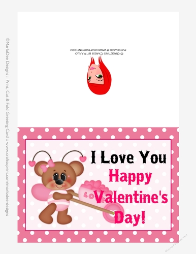 I Love You - Childrens Printable Valentines Day 5x7 Greeting Card - Girl Bear Design 