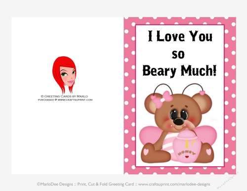Love You Beary Much - Childrens Printable Valentines Day 5x7 Greeting Card - Girl Bear Design 