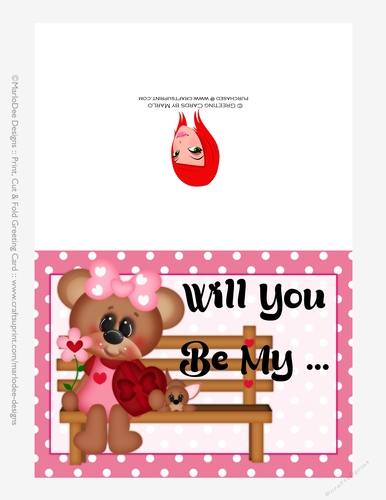 Will You Be My - Childrens Printable Valentines Day 5x7 Greeting Card - Girl Bear Design 
