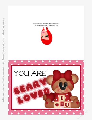 You Are Beary Loved - Childrens Printable Valentines Day 5x7 Greeting Card - Girl Bear Design