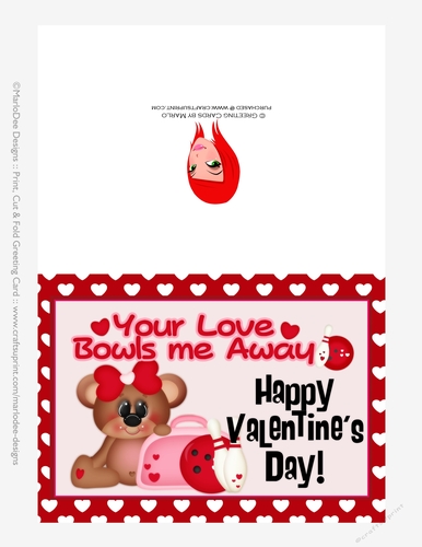 Your Love Bowls Me Away - Childrens Printable Valentines Day 5x7 Greeting Card - Girl Bear Design