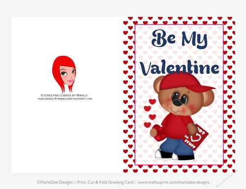 Be My Valentine - Childrens Printable Valentines Day 5x7 Greeting Card - Boy Bear Design