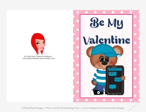 Cellphone Love - Childrens Printable Valentines Day 5x7 Greeting Card - Boy Bear Design