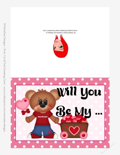 Will You Be My - Childrens Printable Valentines Day 5x7 Greeting Card - Boy Bear Design