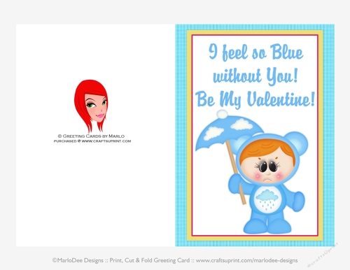 I Feel So Blue - Childrens Printable Valentines Day 5x7 Greeting Card - Care a Lot Kids Design