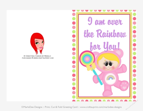 Over the Rainbow - Childrens Printable Valentines Day 5x7 Greeting Card - Care a Lot Kids Design