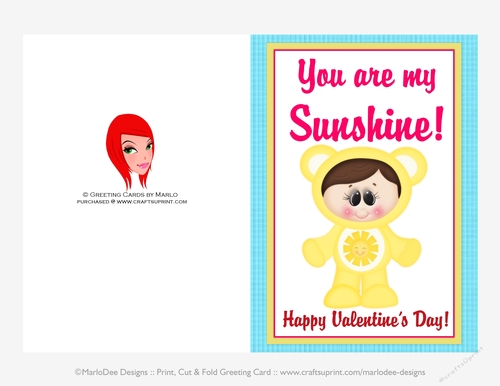 You are My Sunshine - Childrens Printable Valentines Day 5x7 Greeting Card - Care a Lot Kids Design