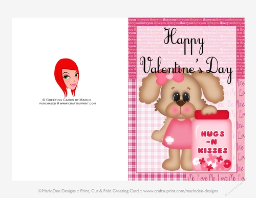 Hugs and Kisses - Childrens Printable Valentines Day 5x7 Greeting Card - Puppy Dog Design 1