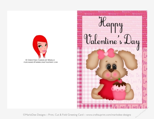 Cupcake - Childrens Printable Valentines Day 5x7 Greeting Card - Puppy Dog Design 1