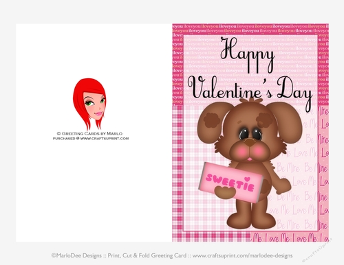Sweetie - Childrens Printable Valentines Day 5x7 Greeting Card - Puppy Dog Design 1