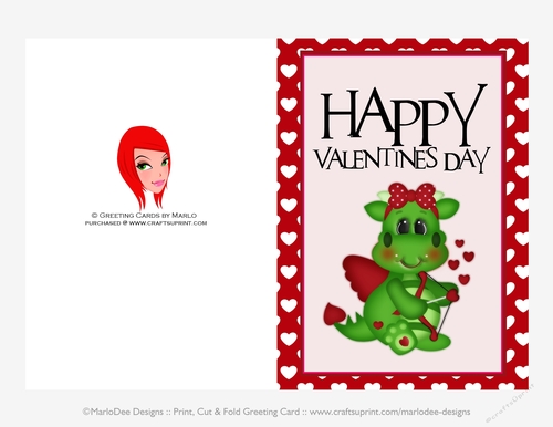 Hearts and Bow - Childrens Printable Valentines Day 5x7 Greeting Card - Dragons Design