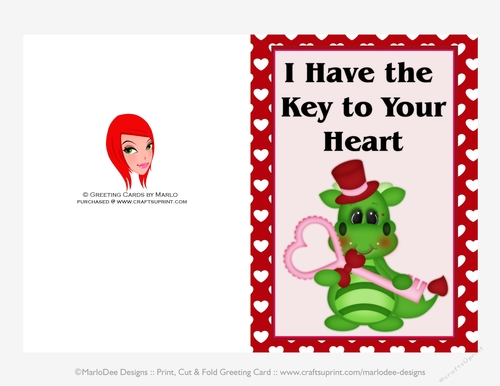 I Have the Key - Childrens Printable Valentines Day 5x7 Greeting Card - Dragons Design