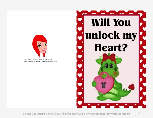Will You Unlock - Childrens Printable Valentines Day 5x7 Greeting Card - Dragons Design
