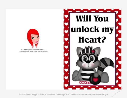 Will You Unlock My Heart - Childrens Printable Valentines Day 5x7 Greeting Card - Raccoon Design
