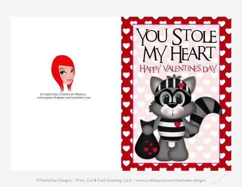 You Stole My Heart - Childrens Printable Valentines Day 5x7 Greeting Card - Raccoon Design 1