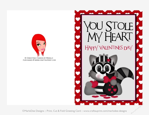 You Stole My Heart - Childrens Printable Valentines Day 5x7 Greeting Card - Raccoon Design 2