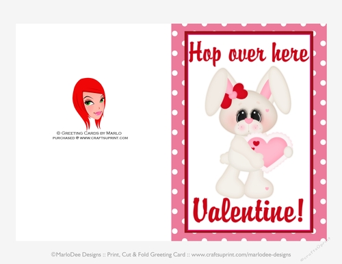 Hop Over Here - Childrens Printable Valentines Day 5x7 Greeting Card - Bunny Design